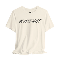 DailyThreadCo. cream crew-neck gym t-shirt with black jagged DEADWEIGHT graphic on the chest.