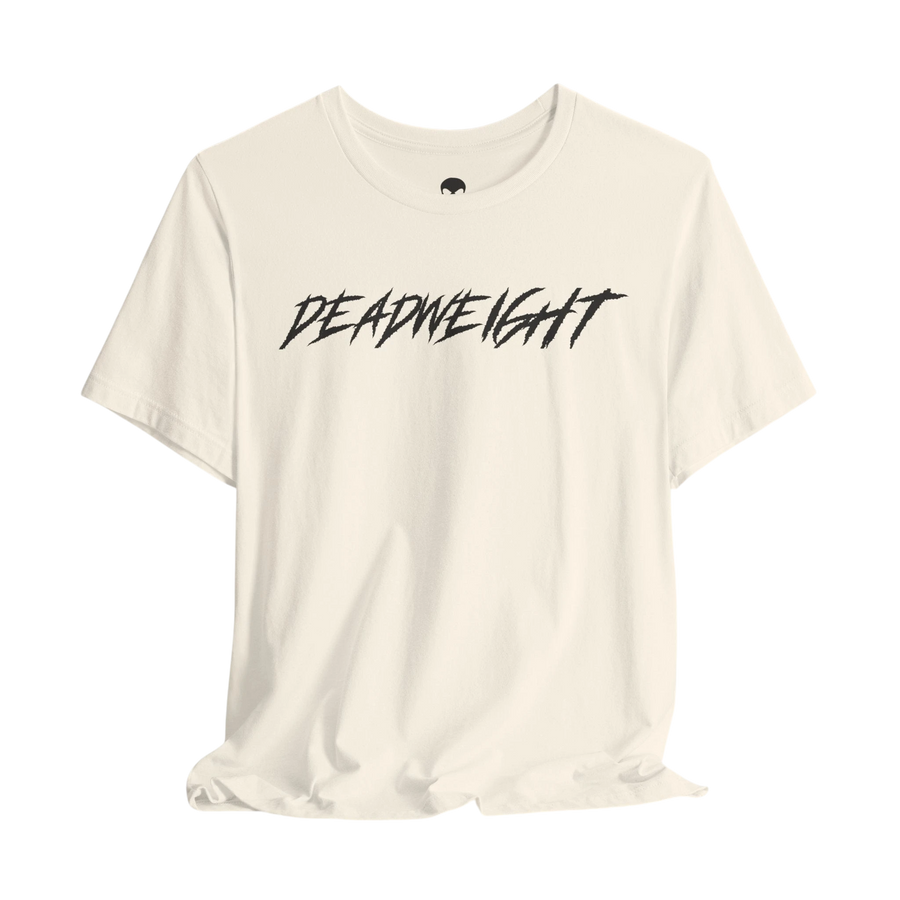 DailyThreadCo. cream crew-neck gym t-shirt with black jagged DEADWEIGHT graphic on the chest.