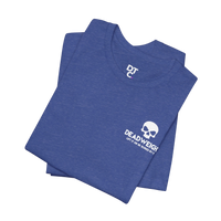 DailyThreadCo. blue heather gym tee with a white skull chest logo and Your Content Is My Warmup graphic.