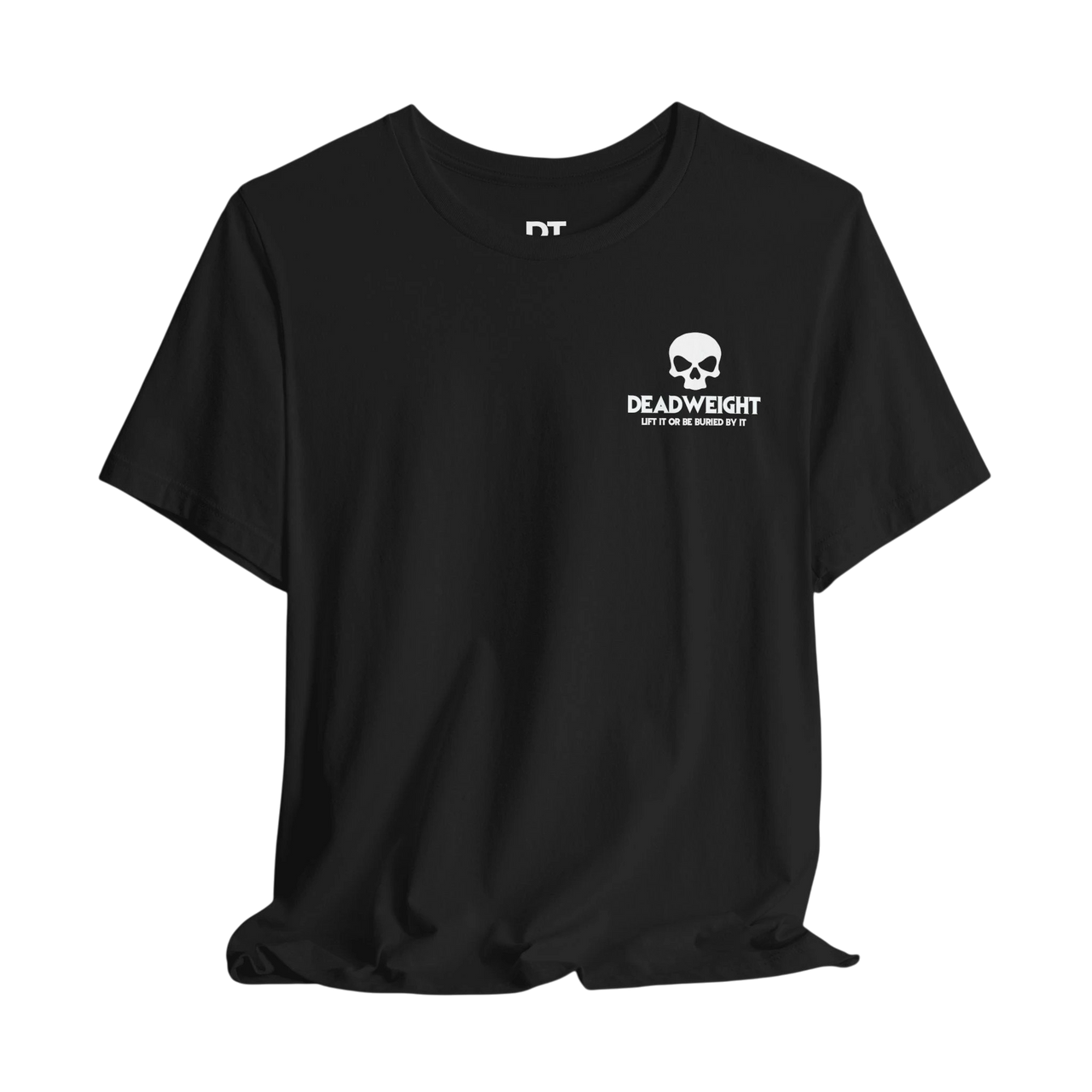 DailyThreadCo. black cotton gym tee with white skull chest emblem and Your Content Is My Warmup text