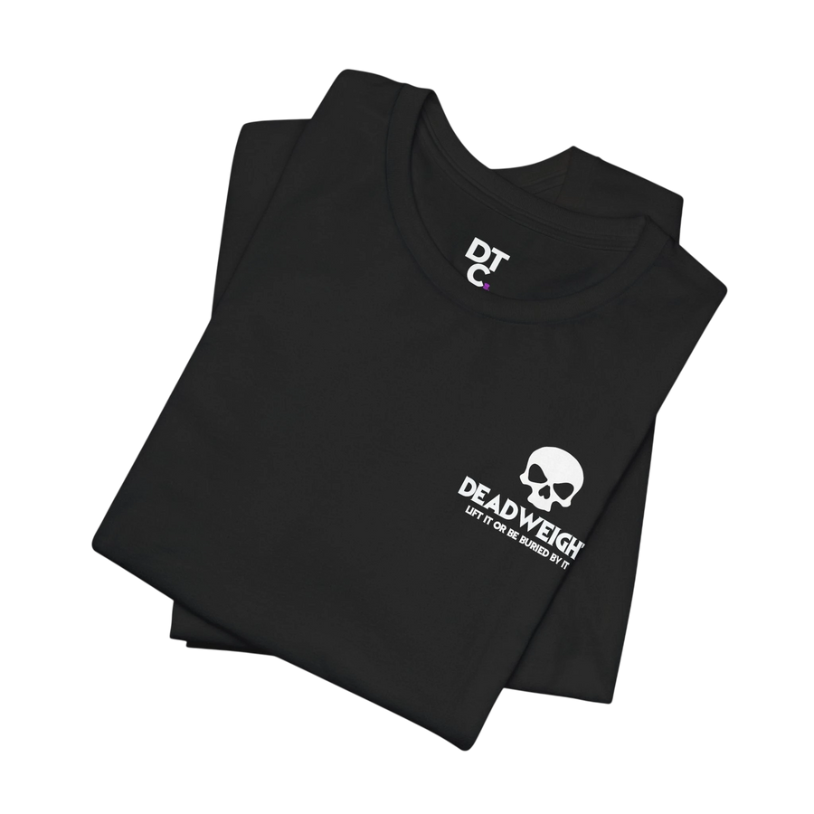 DailyThreadCo. black cotton gym t-shirt featuring a white skull graphic and Deadweight slogan on the chest.