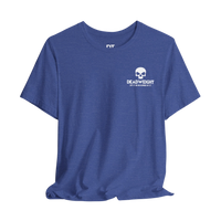 DailyThreadCo. blue cotton gym tee with a white skull chest emblem and Deadweight branding.