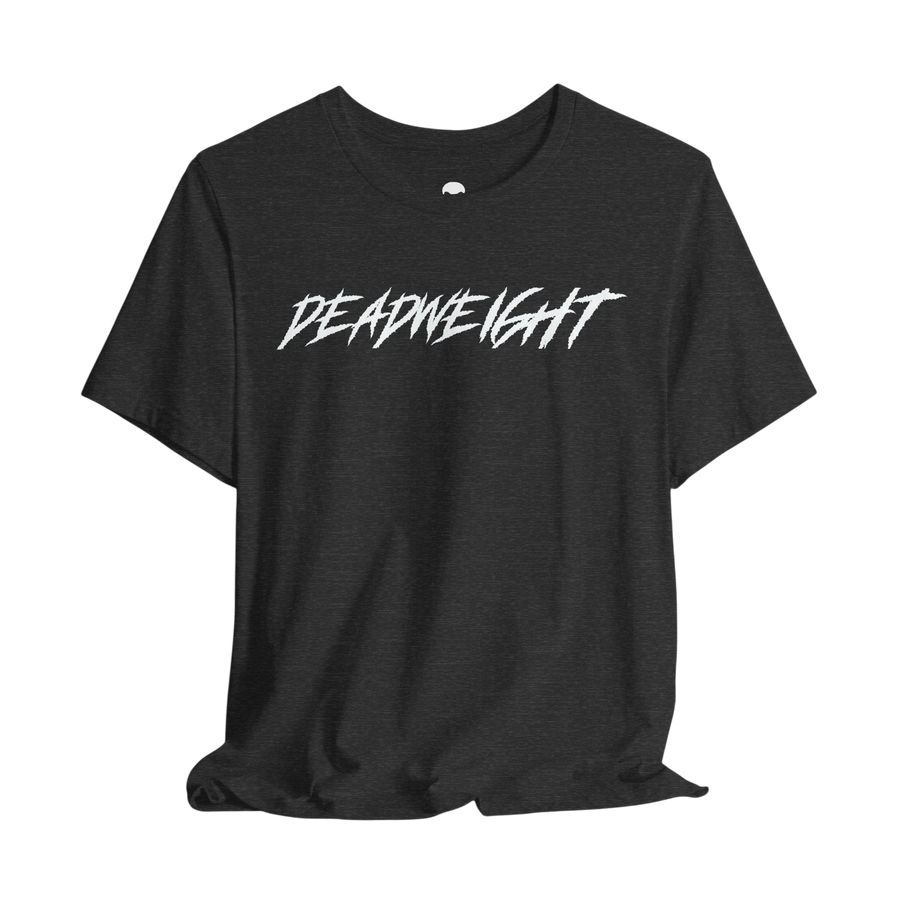 DailyThreadCo. charcoal grey crew-neck gym t-shirt with white jagged DEADWEIGHT graphic on the chest.