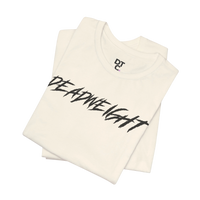 DailyThreadCo. off-white crew-neck gym t-shirt featuring bold black DEADWEIGHT graphic print on soft cotton fabric.