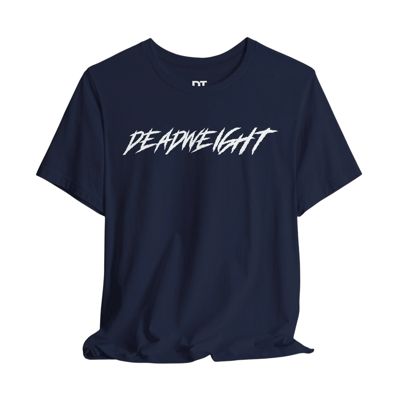 DailyThreadCo. navy blue crew-neck gym t-shirt with white jagged DEADWEIGHT graphic on the chest.