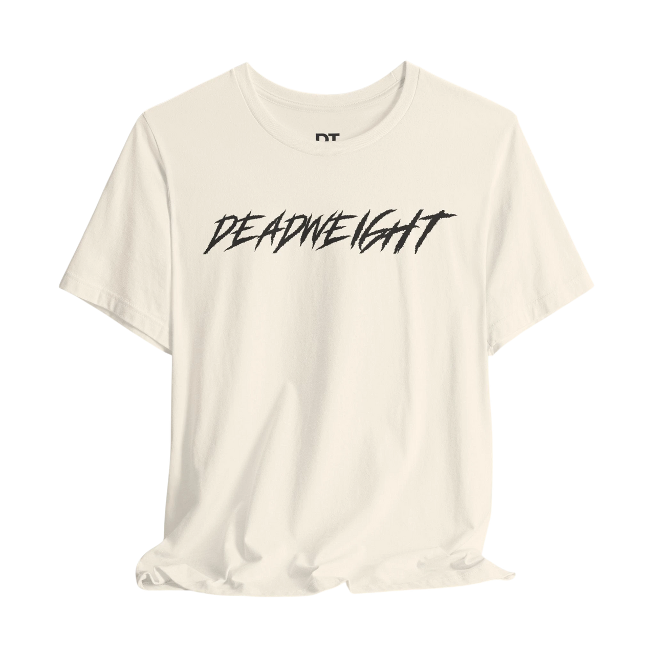 DailyThreadCo. off-white crew-neck gym t-shirt featuring bold black jagged DEADWEIGHT lettering on the chest.