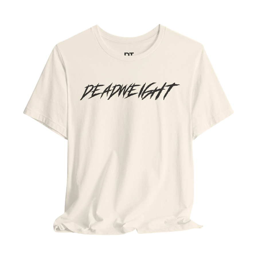 DailyThreadCo. off-white crew-neck gym t-shirt featuring bold black jagged DEADWEIGHT lettering on the chest.