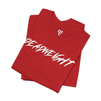 DailyThreadCo. red crew-neck gym t-shirt with white jagged DEADWEIGHT graphic print on soft combed cotton fabric.