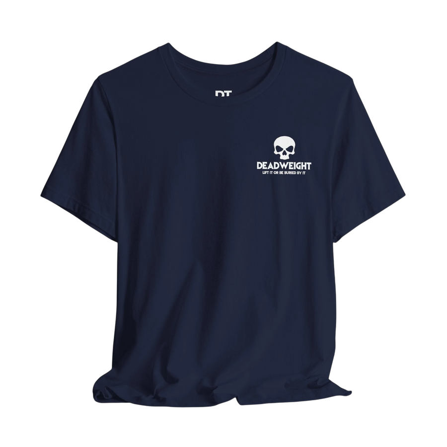 DailyThreadCo. navy blue cotton gym t-shirt with a white skull chest emblem and Deadweight branding.