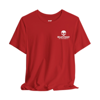 DailyThreadCo. red cotton gym t-shirt featuring a white skull chest emblem and Deadweight branding.