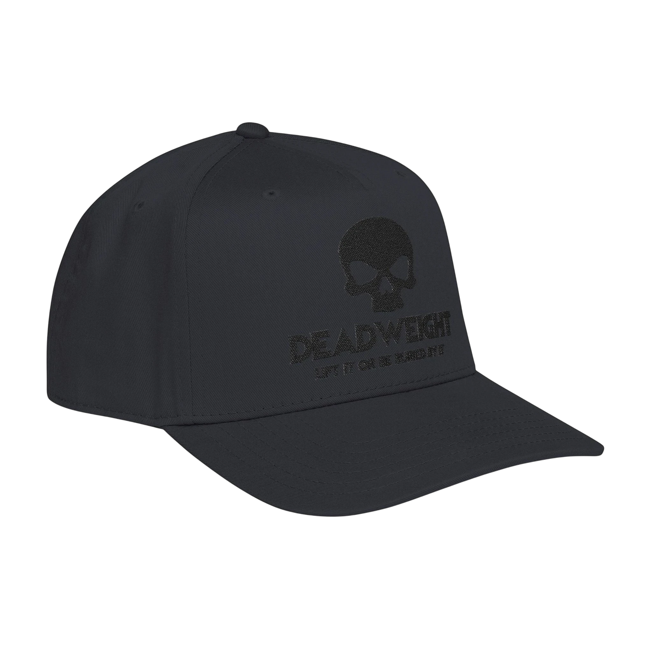 DailyThreadCo. structured mid-profile baseball cap in charcoal grey with a black embroidered skull and Deadweight logo.