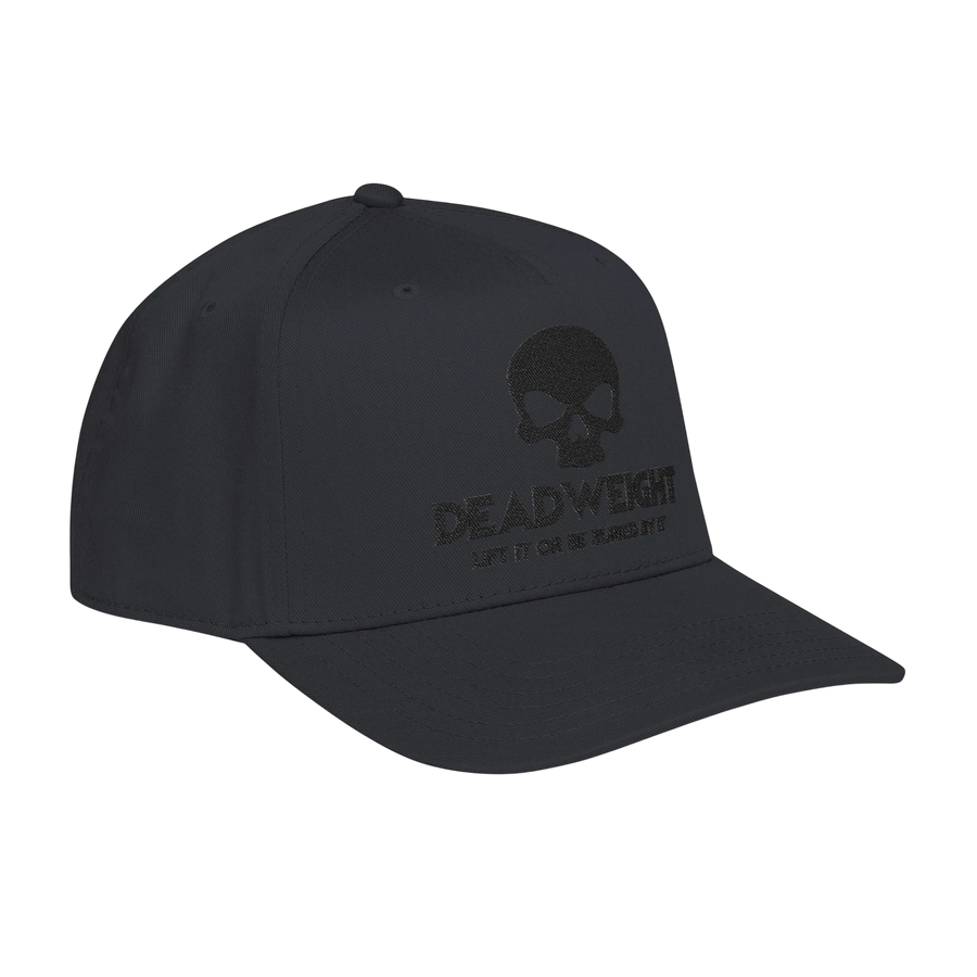 DailyThreadCo. structured mid-profile baseball cap in charcoal grey with a black embroidered skull and Deadweight logo.