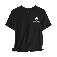 DailyThreadCo. black cotton crew neck t-shirt featuring a small white skull graphic and Deadweight text on the chest.