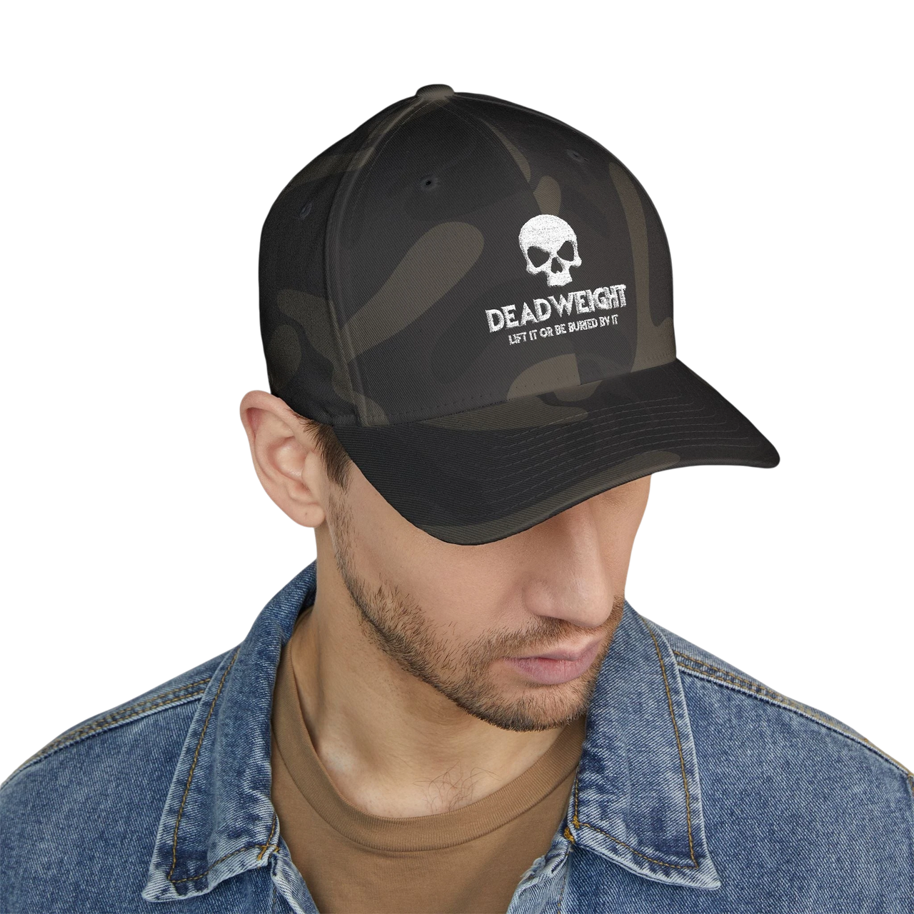 DailyThreadCo. camo Flexfit cap with distressed skull embroidery and Deadweight text on a man in a denim jacket.