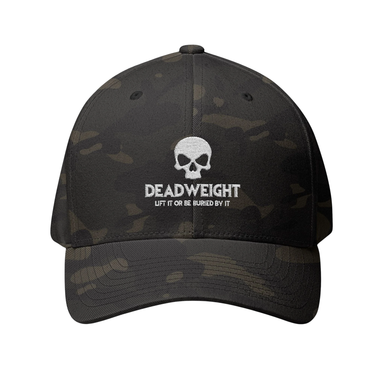 DailyThreadCo. structured camo Flexfit cap with white distressed skull embroidery and bold text on the front.