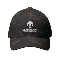 DailyThreadCo. structured camo Flexfit cap with white distressed skull embroidery and bold text on the front.