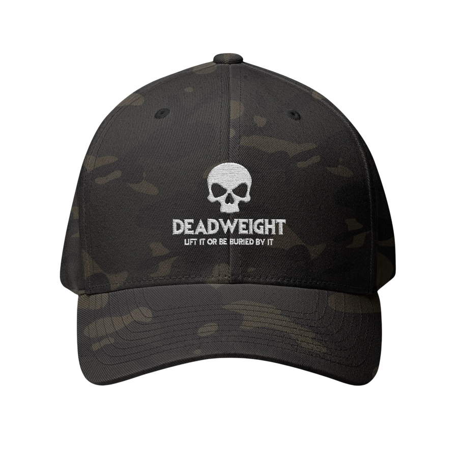 DailyThreadCo. structured camo Flexfit cap with white distressed skull embroidery and bold text on the front.