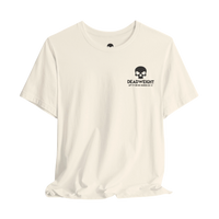 DailyThreadCo. off-white cotton crew neck t-shirt featuring a small black skull graphic and Deadweight text on the chest.