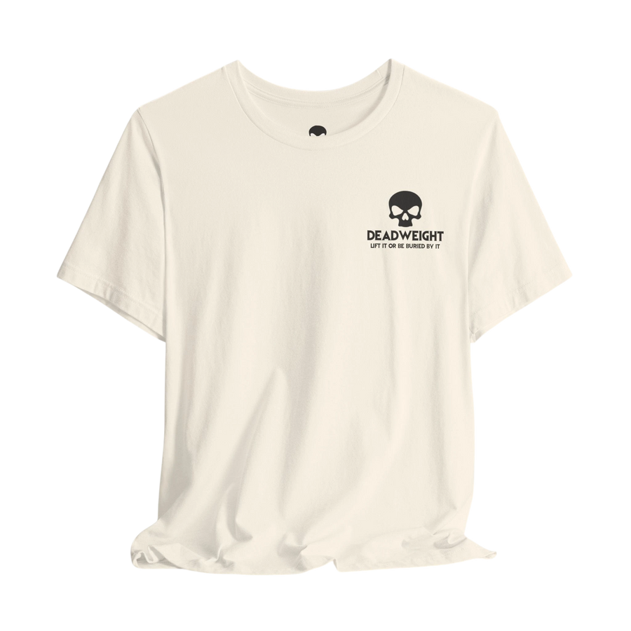 DailyThreadCo. off-white cotton crew neck t-shirt featuring a small black skull graphic and Deadweight text on the chest.