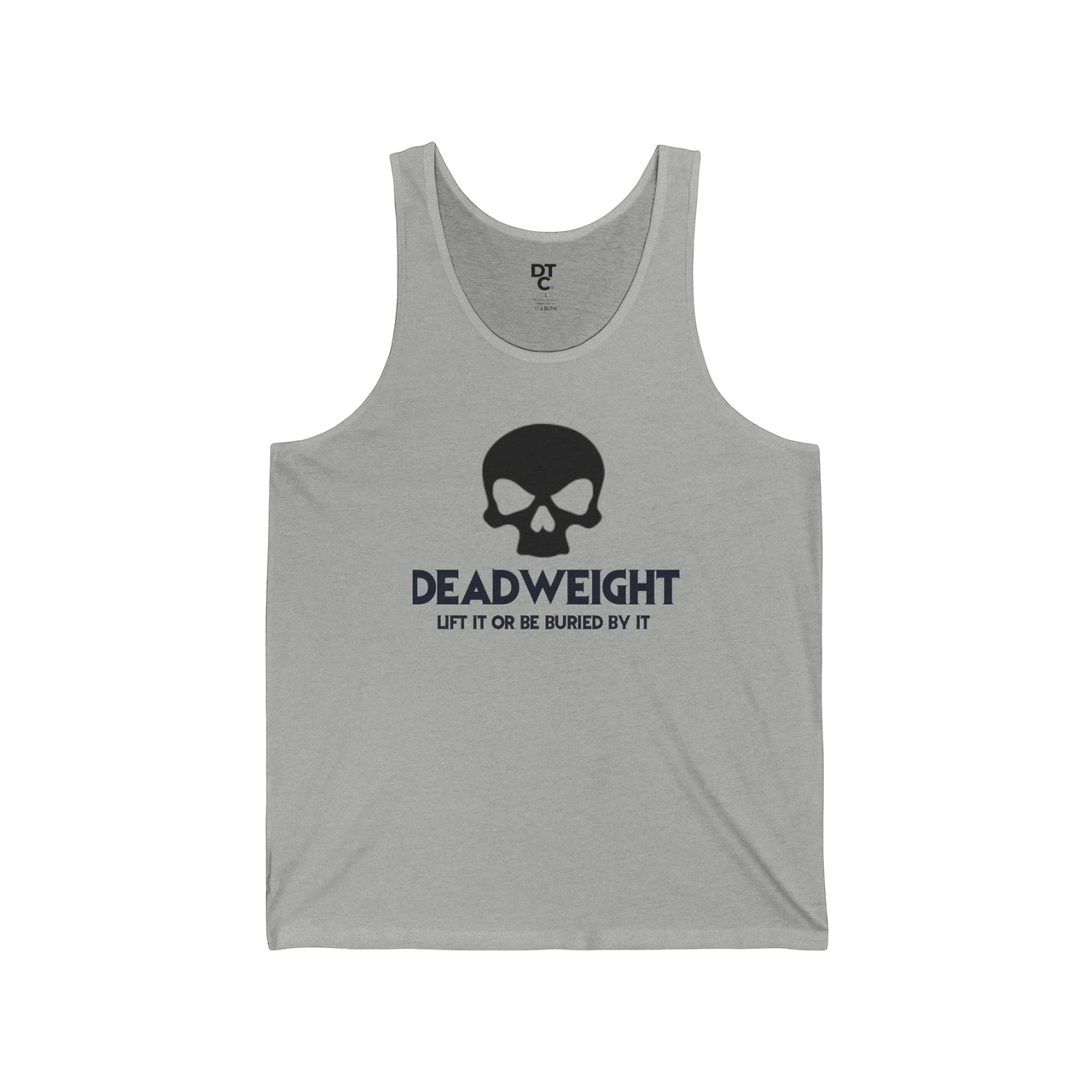 DailyThreadCo. grey cotton fitness tank top with a black skull graphic and Deadweight text on the chest.