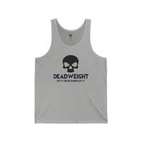 DailyThreadCo. grey cotton fitness tank top with a black skull graphic and Deadweight text on the chest.