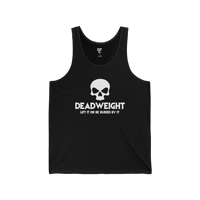 DailyThreadCo. black fitness tank top featuring a white skull graphic and the text DEADWEIGHT LIFT IT OR BE BURIED BY IT