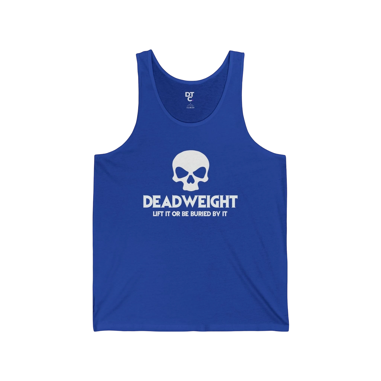 DailyThreadCo. royal blue fitness tank top with a white skull graphic and Deadweight text on the chest.