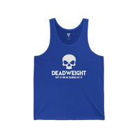 DailyThreadCo. royal blue fitness tank top with a white skull graphic and Deadweight text on the chest.