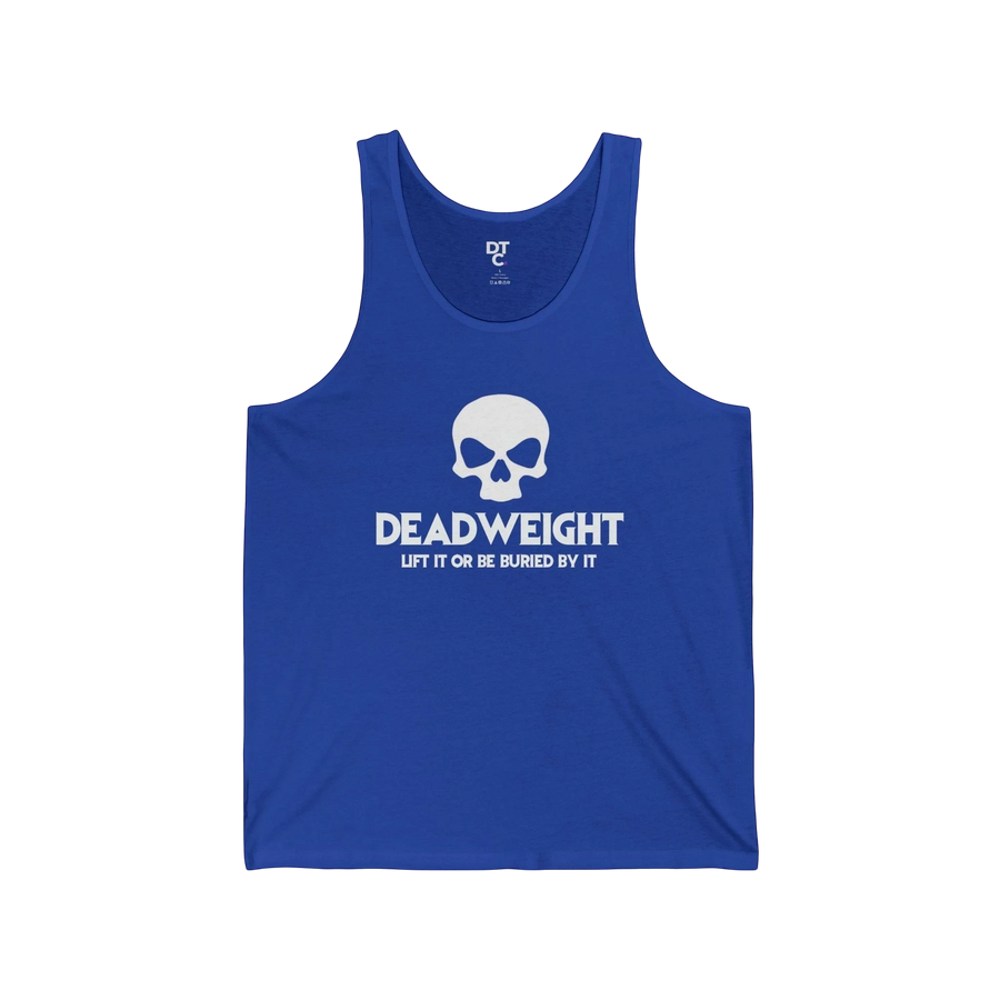 DailyThreadCo. royal blue fitness tank top with a white skull graphic and Deadweight text on the chest.
