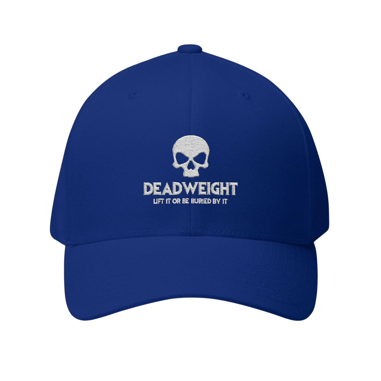 DailyThreadCo. blue Flexfit cap with white embroidered distressed skull and Deadweight text on the front.