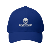 DailyThreadCo. blue Flexfit cap with white embroidered distressed skull and Deadweight text on the front.
