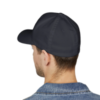 DailyThreadCo. structured flexfit cap in dark grey with a mid-profile fit, worn by a man in a denim jacket.