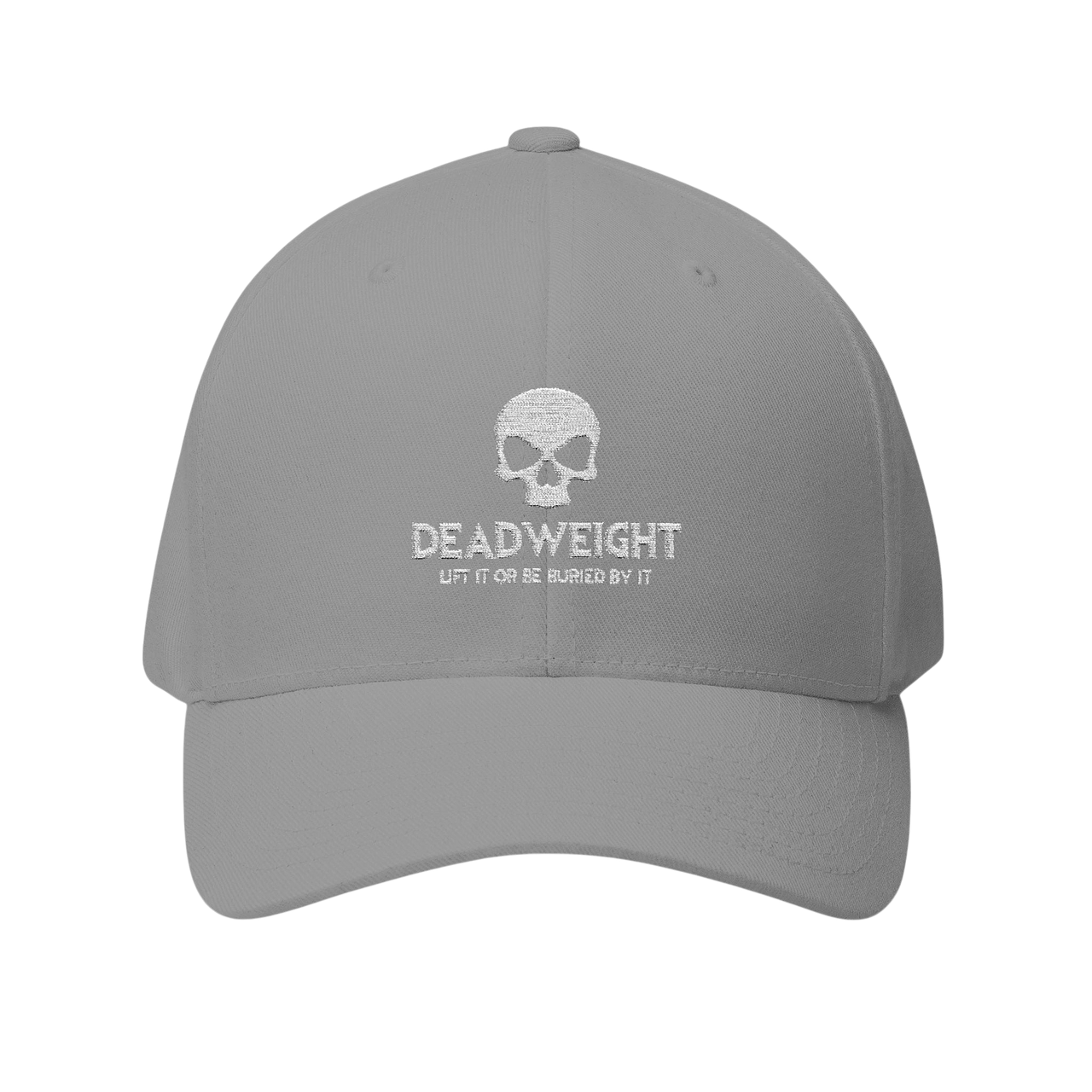 DailyThreadCo. grey structured Flexfit cap featuring a white embroidered distressed skull and Deadweight text.
