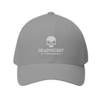 DailyThreadCo. grey structured Flexfit cap featuring a white embroidered distressed skull and Deadweight text.