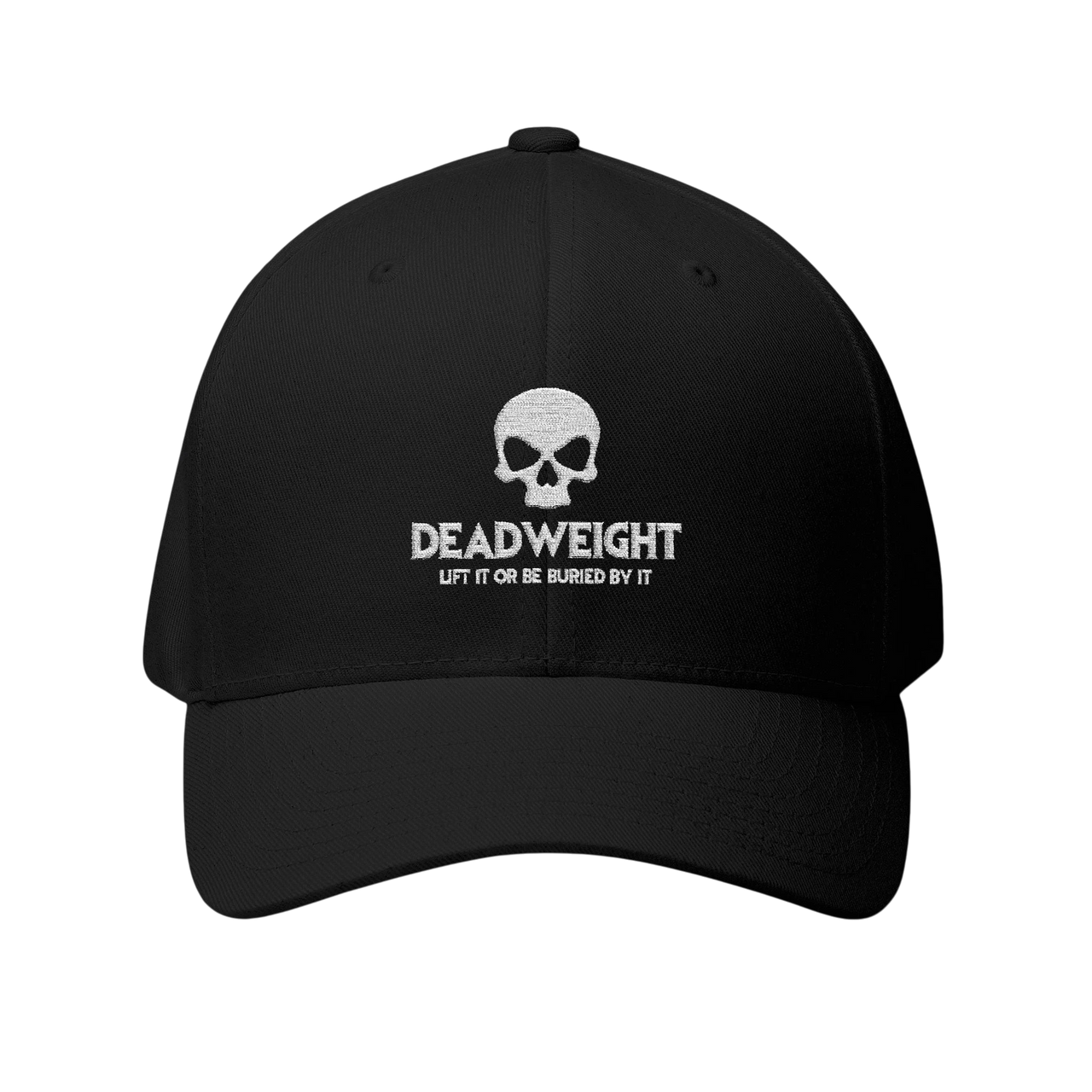 DailyThreadCo. black Flexfit cap featuring a white embroidered distressed skull and Deadweight text on the front.