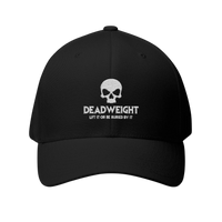 DailyThreadCo. black Flexfit cap featuring a white embroidered distressed skull and Deadweight text on the front.
