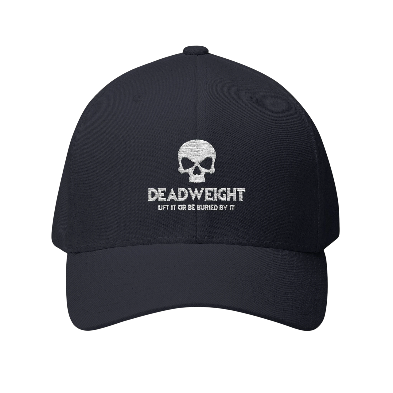 DailyThreadCo. structured flexfit cap in dark navy with white embroidered distressed skull and Deadweight text.