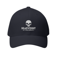 DailyThreadCo. structured flexfit cap in dark navy with white embroidered distressed skull and Deadweight text.
