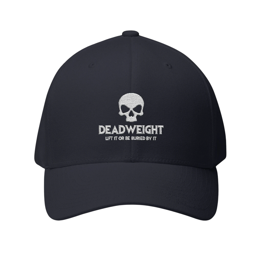 DailyThreadCo. structured flexfit cap in dark navy with white embroidered distressed skull and Deadweight text.
