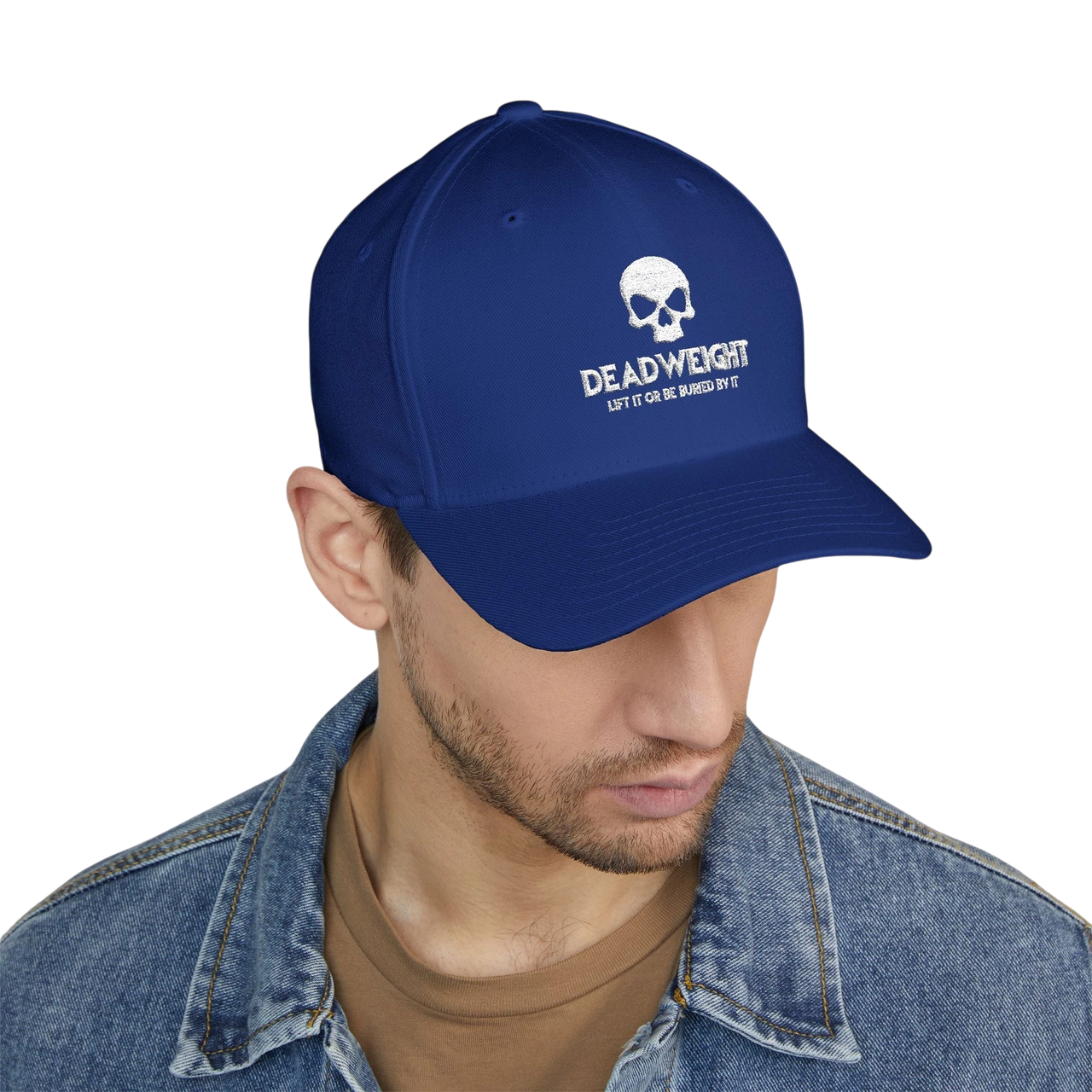 DailyThreadCo. blue structured Flexfit cap with white distressed skull embroidery and text on a model.