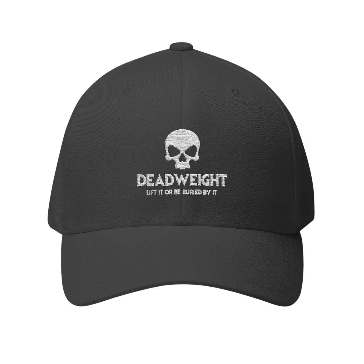 DailyThreadCo. structured flexfit cap in charcoal with white embroidered distressed skull and Deadweight text.