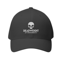 DailyThreadCo. structured flexfit cap in charcoal with white embroidered distressed skull and Deadweight text.