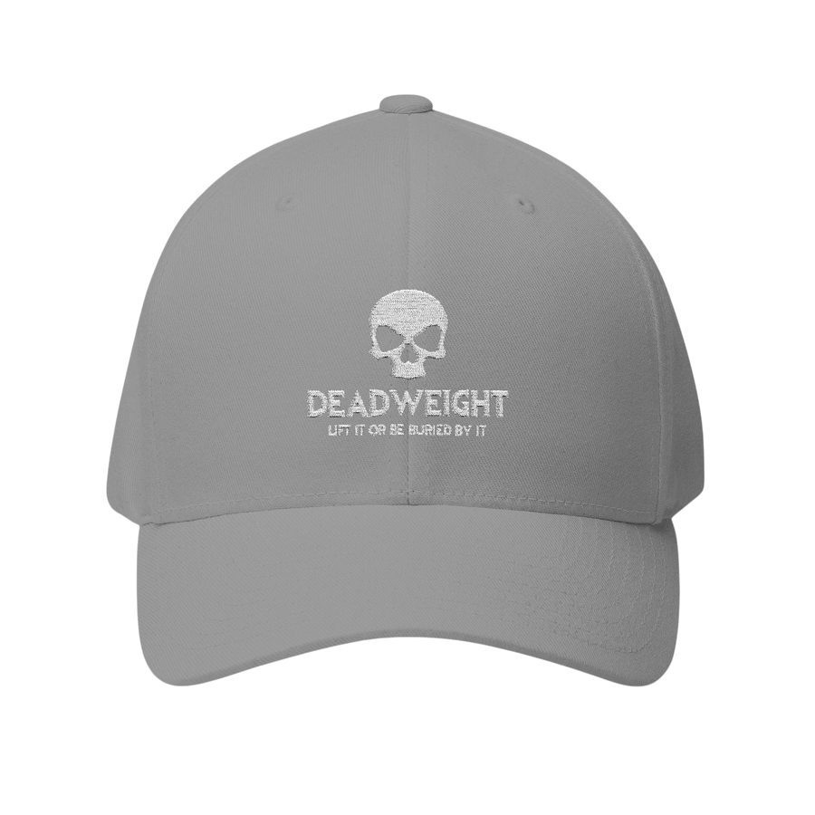 DailyThreadCo. grey structured Flexfit cap featuring a white embroidered distressed skull and Deadweight text.