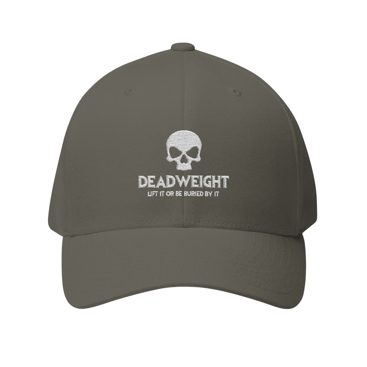 DailyThreadCo. structured flexfit cap in grey with white embroidered distressed skull and Deadweight text logo.