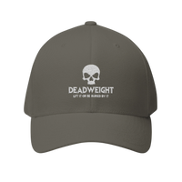 DailyThreadCo. structured flexfit cap in grey with white embroidered distressed skull and Deadweight text logo.