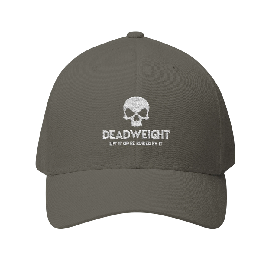 DailyThreadCo. structured flexfit cap in grey with white embroidered distressed skull and Deadweight text logo.