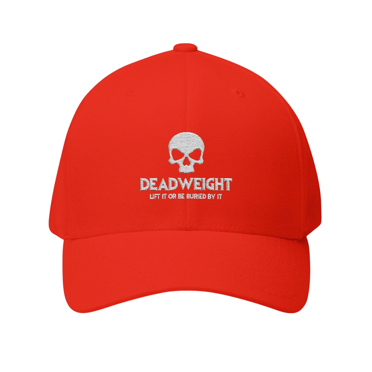 DailyThreadCo. red structured Flexfit cap featuring a white embroidered distressed skull and text on the front.