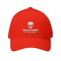 DailyThreadCo. red structured Flexfit cap featuring a white embroidered distressed skull and text on the front.