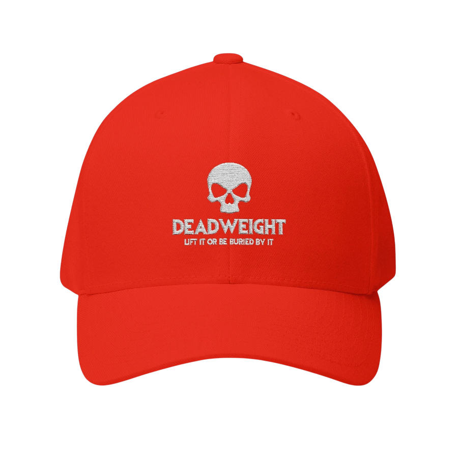 DailyThreadCo. red structured Flexfit cap featuring a white embroidered distressed skull and text on the front.