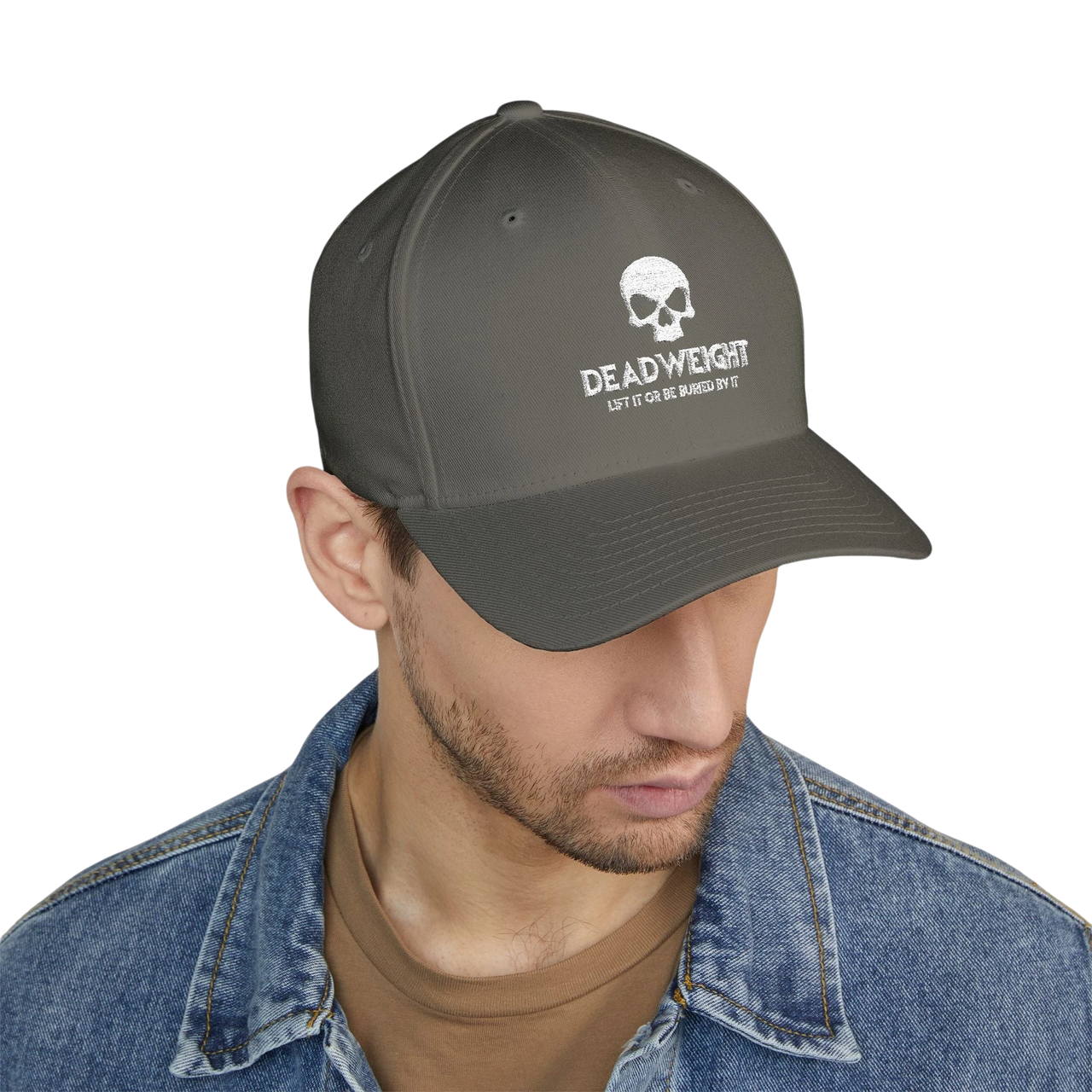 DailyThreadCo. structured flexfit cap in grey with a distressed skull embroidery and text on the front.